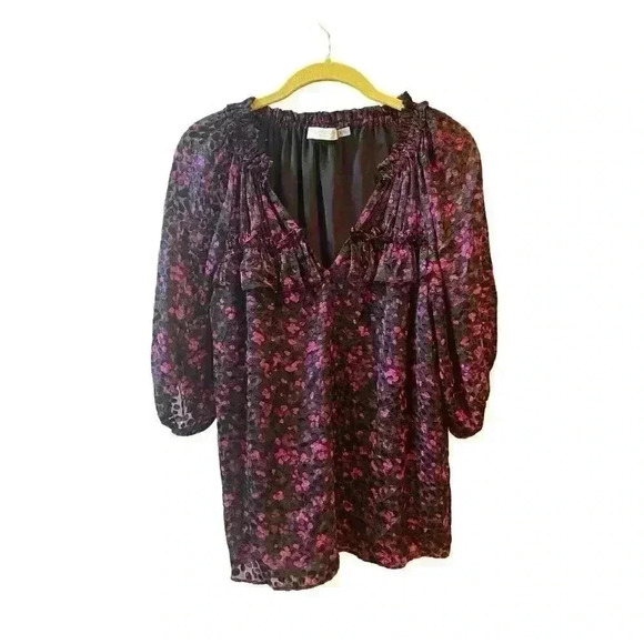 NEW Ramy Brook Sara V-Neck Puff Sleeve Blouse in Plumberry Black Pink Size Small - Picture 5 of 9